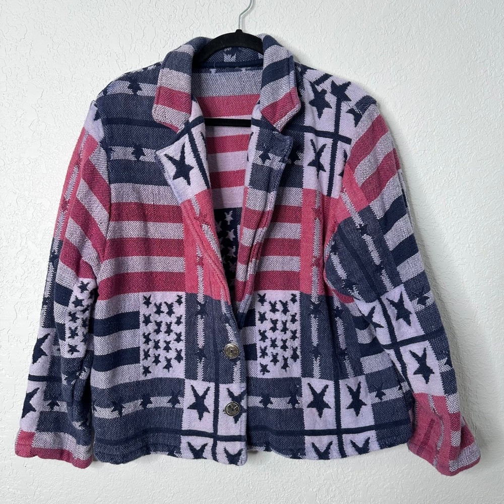 Vintage Americana Tapestry Jacket Stars & Stripes Patriotic Flag Blazer USA Y2K